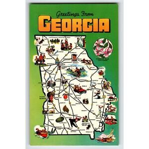 Postcard Greetings From Georgia Map Chrome Cherokee Rose State Flower Unposted